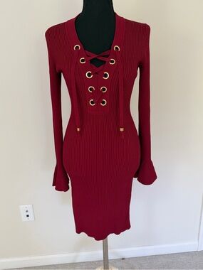 Michael Kors Red Bodycon Lace-Up Midi Dress Sexy Elegant Size S
